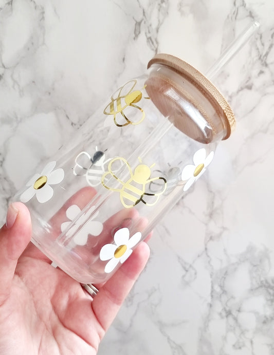 Personalised Bee & Daisy Glass Cup & Straw
